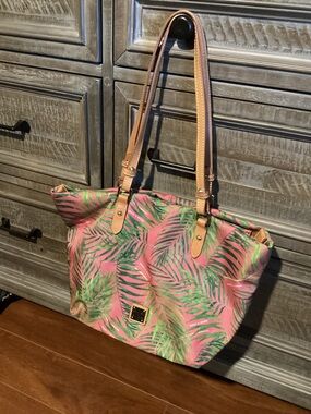 Dooney & Bourke Pink and Green Palm-Print Tote with Tan Straps